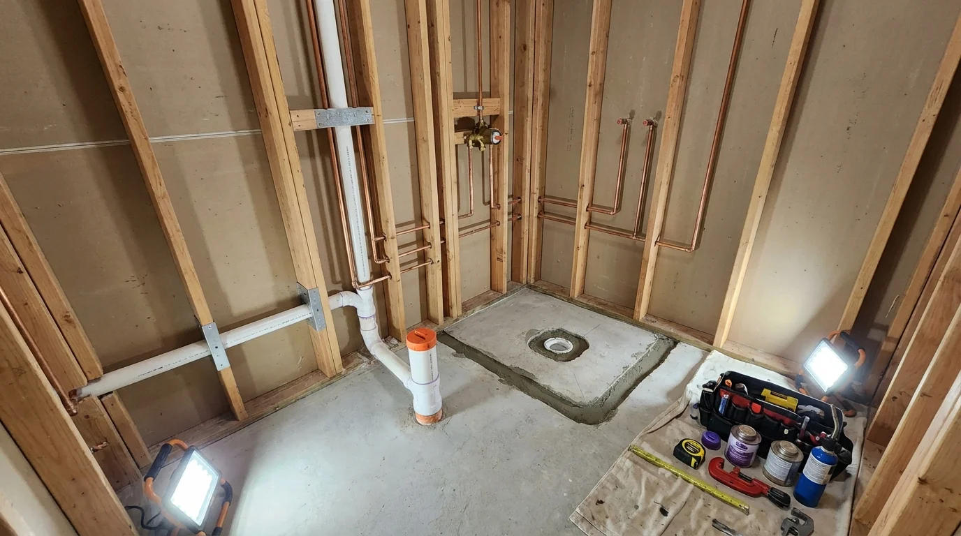 Bathroom rough-in plumbing during remodel by Johns Plumbing LLC in Airway Heights