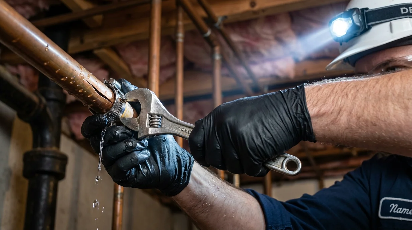 Emergency pipe clamp repair being performed by a Johns Plumbing LLC plumber in Airway Heights