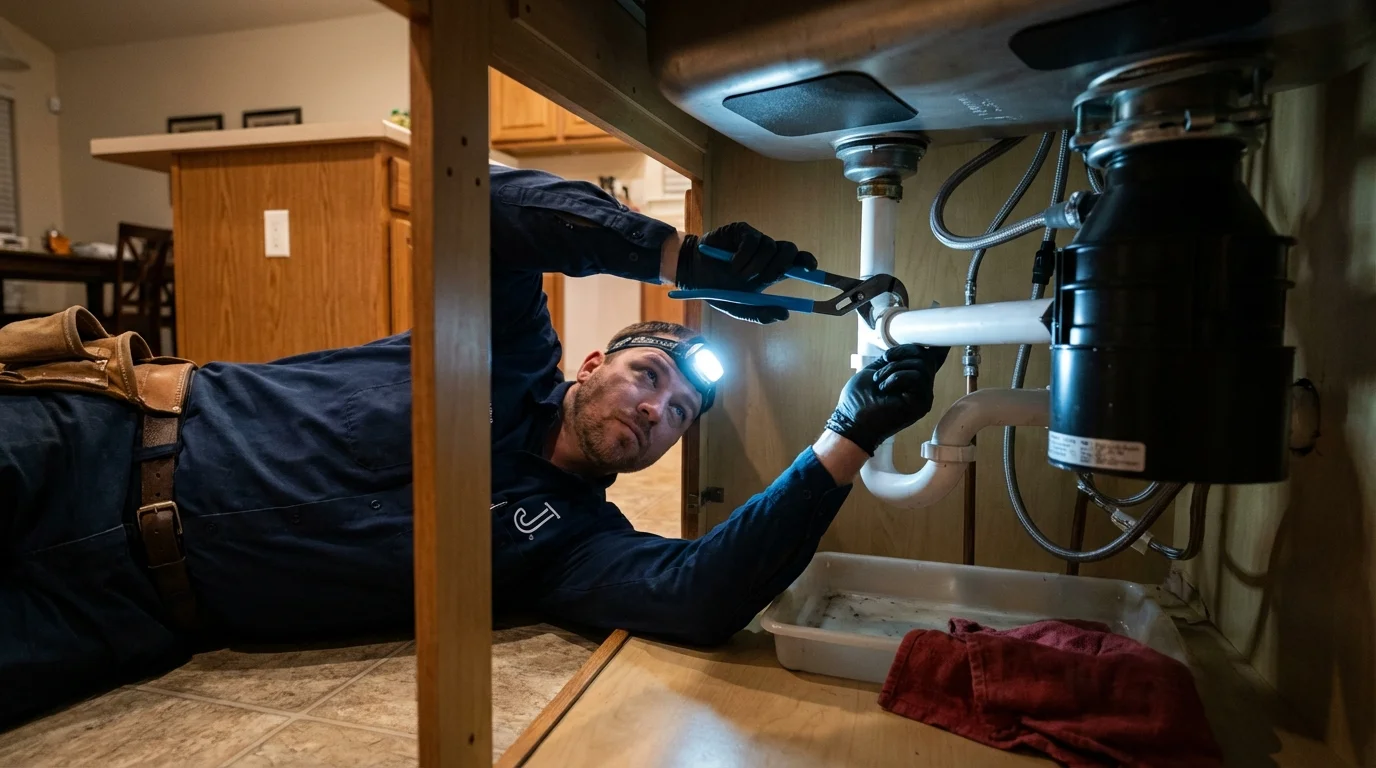 P-trap and supply line connections under a kitchen sink showing a common leak point in Airway Heights, WA